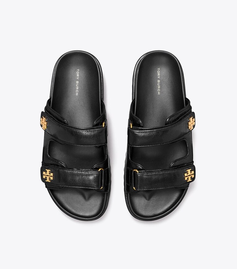 Tory Burch designer sandales Claquettes Kira in PERFECT BLACK / GOLD angle