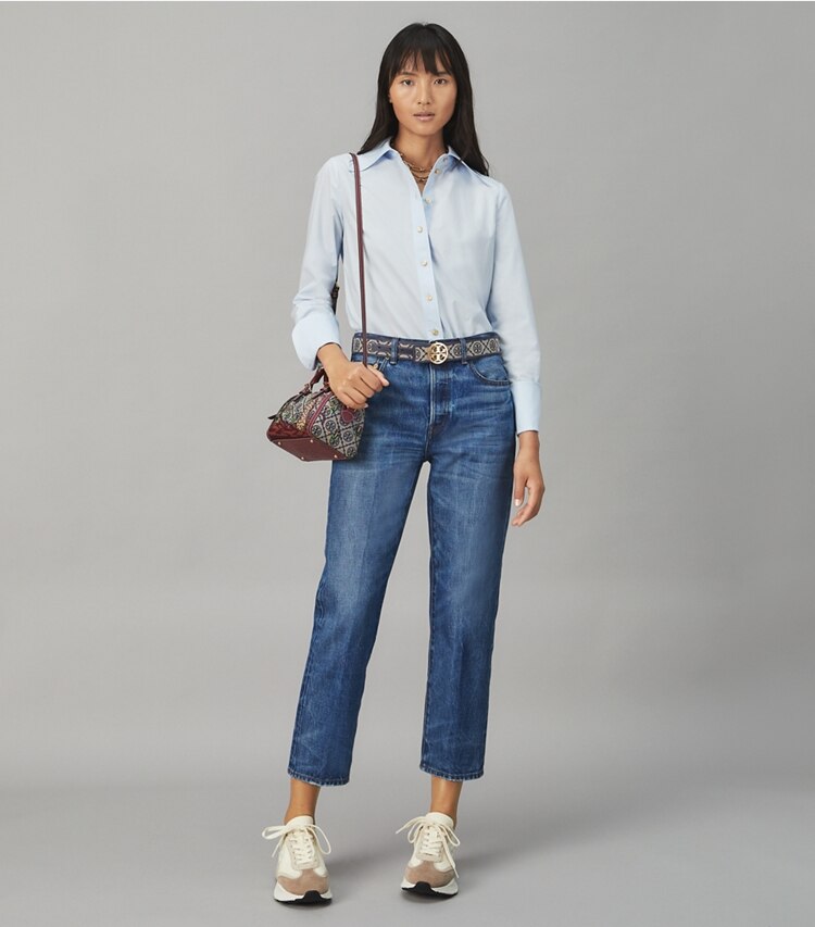 Tory Burch designer bottoms Classic Denim Jean in  VINTAGE WASH on model front