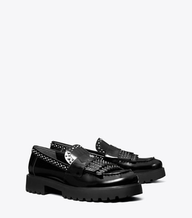 Tory Burch designer flats Classic Fringe Lug Loafer in PERFECT BLACK angle