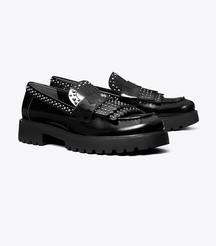 Tory Burch designer flats Classic Fringe Lug Loafer in PERFECT BLACK angle