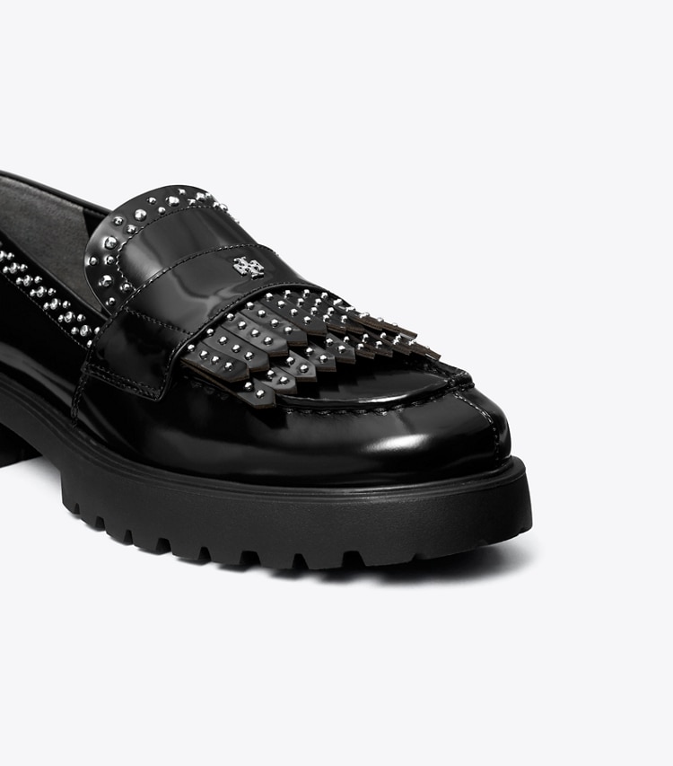 Tory Burch designer flats Classic Fringe Lug Loafer in PERFECT BLACK detail