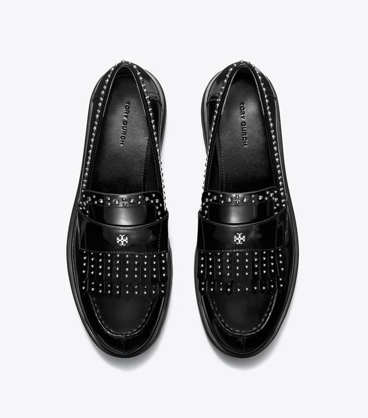 Tory Burch designer flats Classic Fringe Lug Loafer in PERFECT BLACK overhead