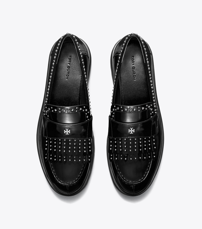 Tory Burch designer flats Classic Fringe Lug Loafer in PERFECT BLACK angle