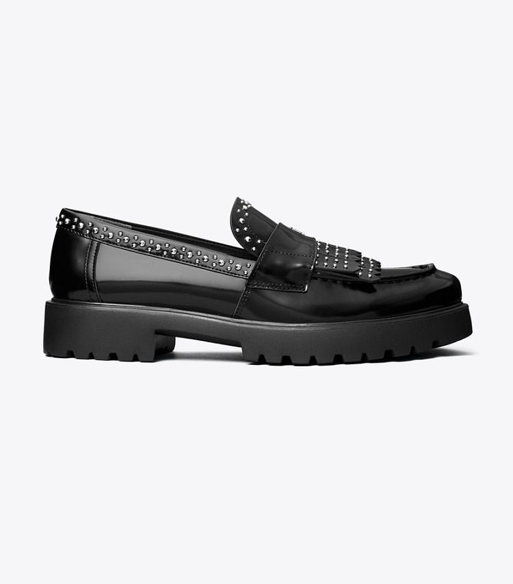 Tory Burch designer flats Classic Fringe Lug Loafer in PERFECT BLACK side