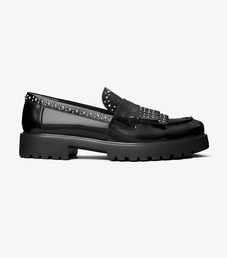 Tory Burch designer flats Classic Fringe Lug Loafer in PERFECT BLACK angle