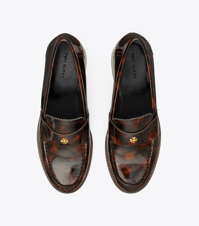 Tory Burch designer heels Classic Heeled Loafer in TORTOISE PATENT angle