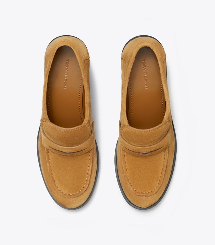 Tory Burch designer heels Classic Heeled Lug Loafer in WILD TABACCO overhead
