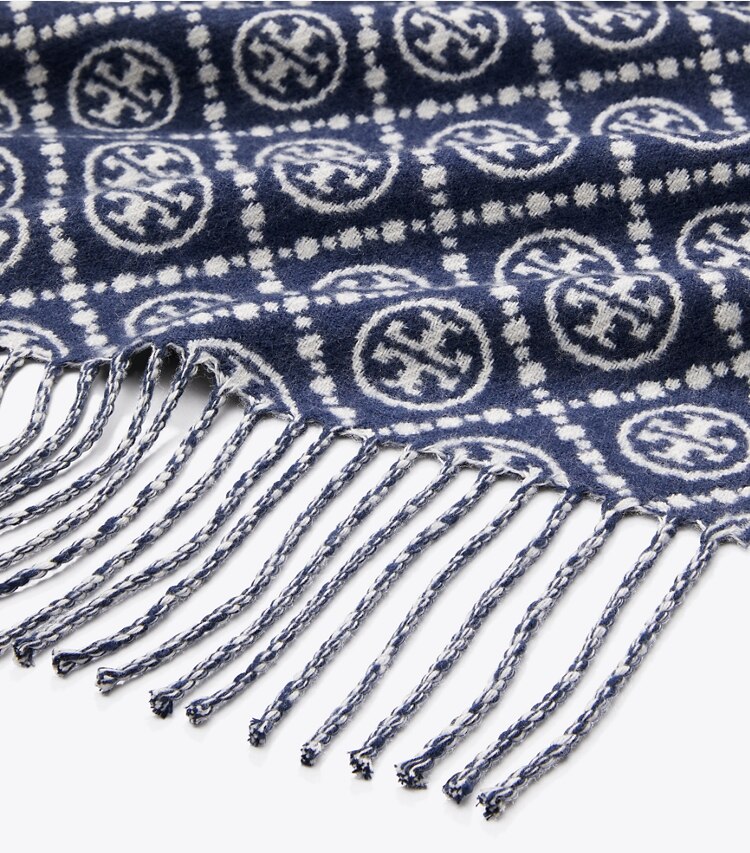 Tory Burch designer scarves Classic Large Monogram Oblong in Classic L Monogram Navy detail