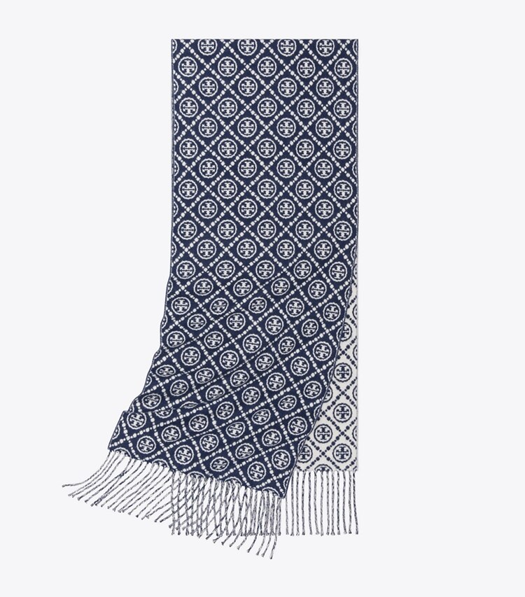 Tory Burch designer scarves Classic Large Monogram Oblong in Classic L Monogram Navy folded