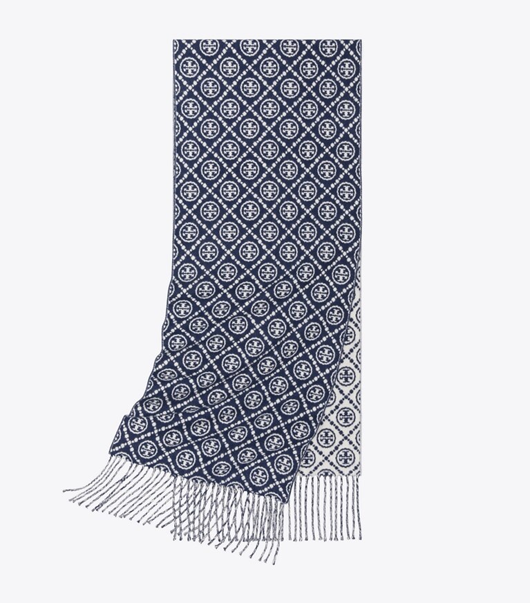 Tory Burch designer scarves Classic Large Monogram Oblong in Classic L Monogram Navy overhead