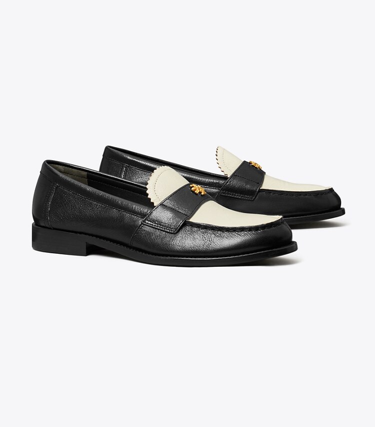 Tory Burch designer flats Classic Loafer in PERFECT BLACK / NEW IVORY angle