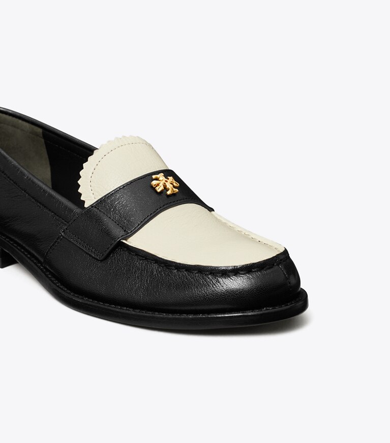 Tory Burch designer flats Classic Loafer in PERFECT BLACK / NEW IVORY angle