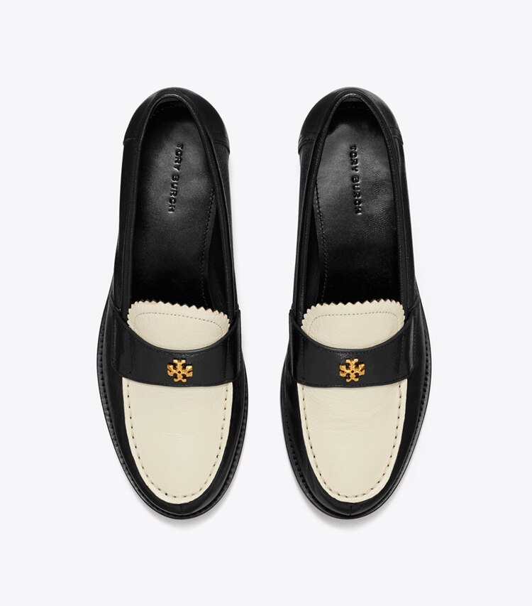 Tory Burch designer flats Classic Loafer in PERFECT BLACK / NEW IVORY overhead