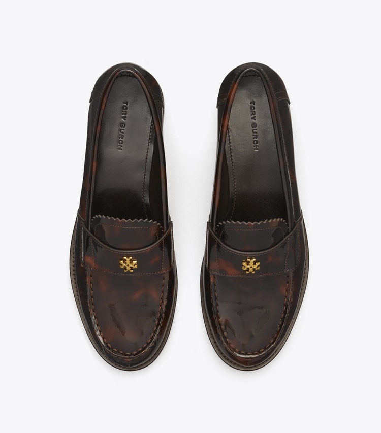 Tory Burch designer flats Classic Loafer in TORTOISE PATENT overhead