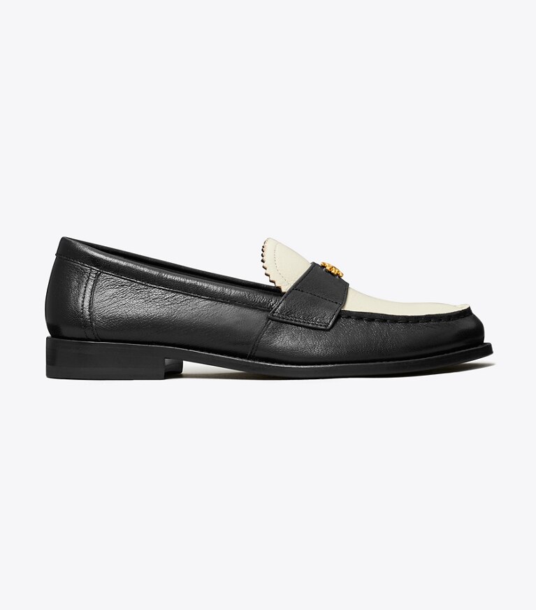 Tory Burch designer flats Classic Loafer in PERFECT BLACK / NEW IVORY angle