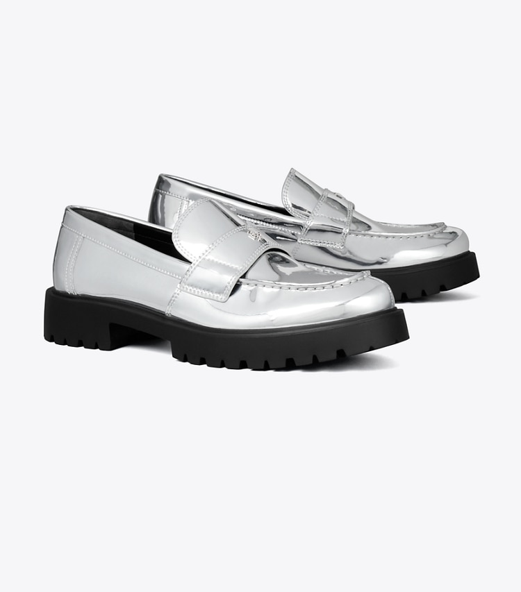 Tory Burch designer flats Classic Lug Loafer in ARGENTO angle