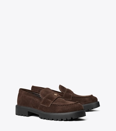 Tory Burch designer flats Classic Lug Loafer in DARK COCOA angle