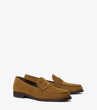 Tory Burch designer flats Classic Penny Loafer in WILD TABACCO angle