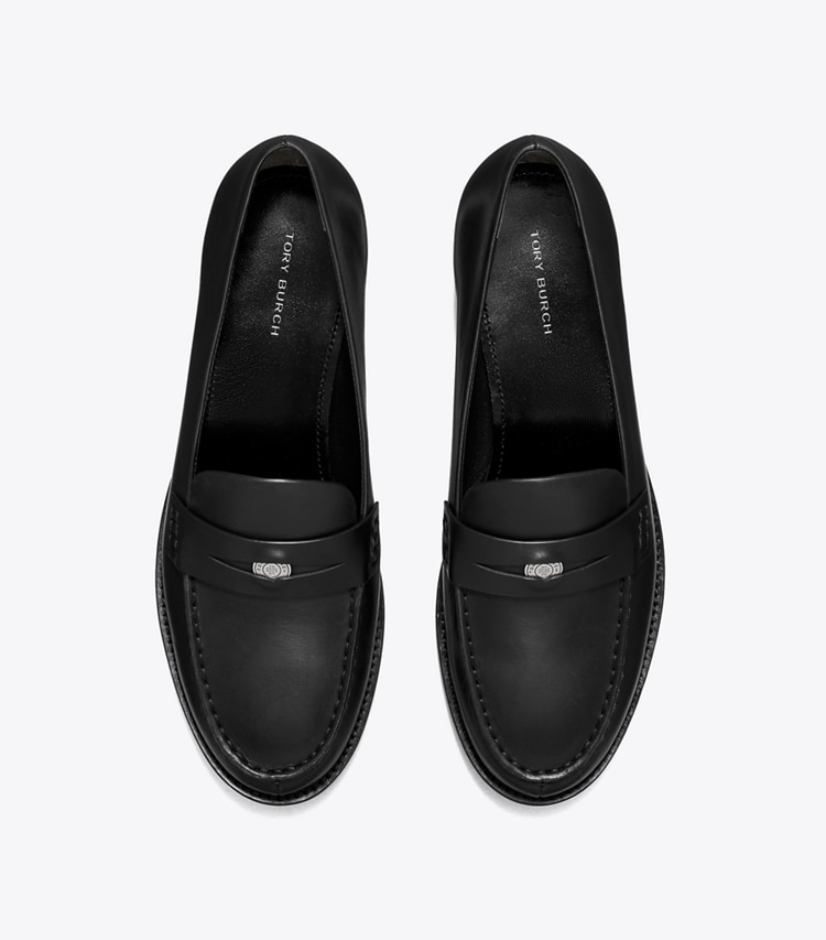 Tory Burch designer flats Classic Penny Loafer in PERFECT BLACK overhead