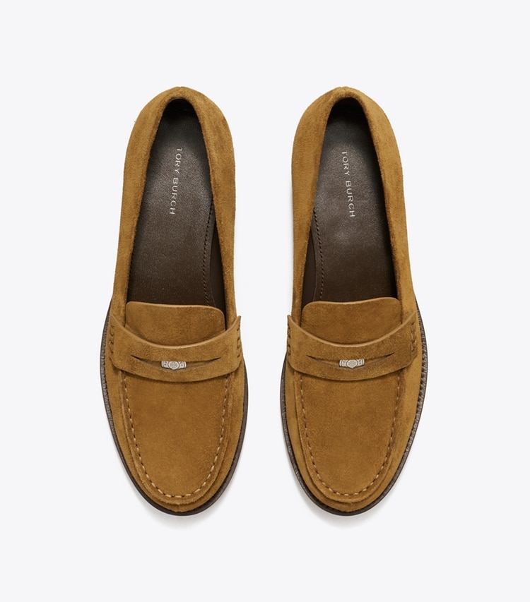 Tory Burch designer flats Classic Penny Loafer in WILD TABACCO overhead
