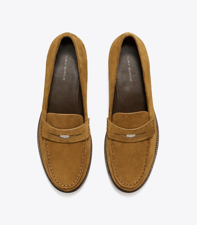 Tory Burch designer flats Classic Penny Loafer in WILD TABACCO angle