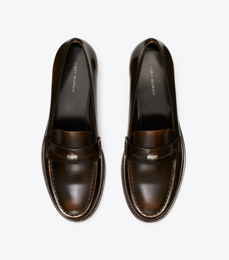 Tory Burch designer flats Classic Penny Loafer in BRUSHED CHOCOLATE angle