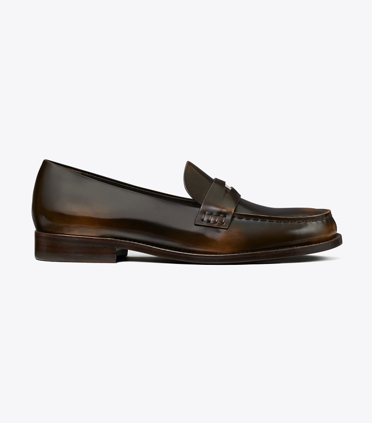 Tory Burch designer flats Classic Penny Loafer in BRUSHED CHOCOLATE angle