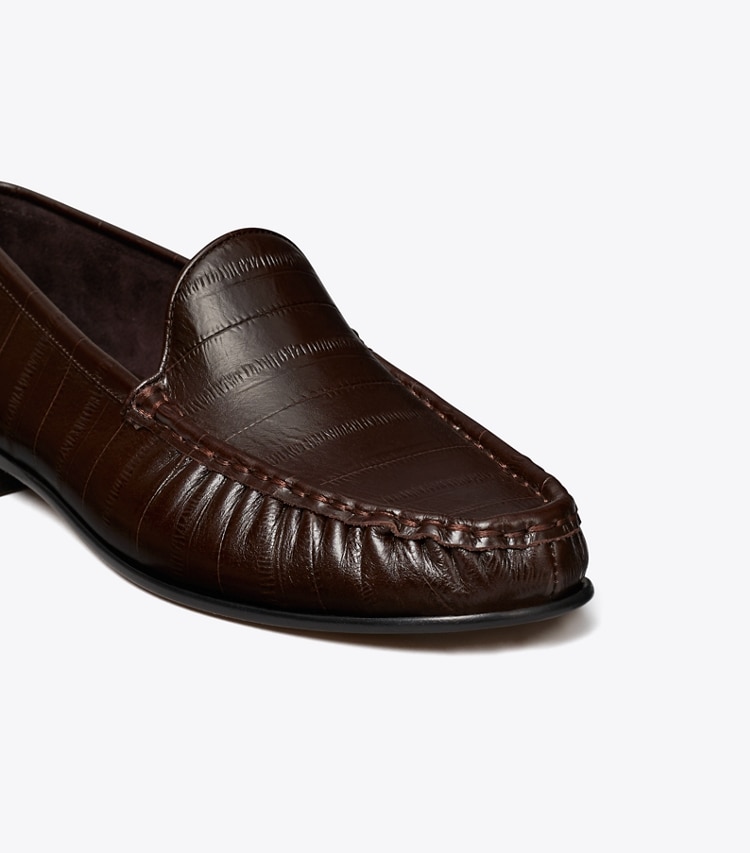 Tory Burch designer flats Classic Ruched Loafer in DARK BROWN EEL detail