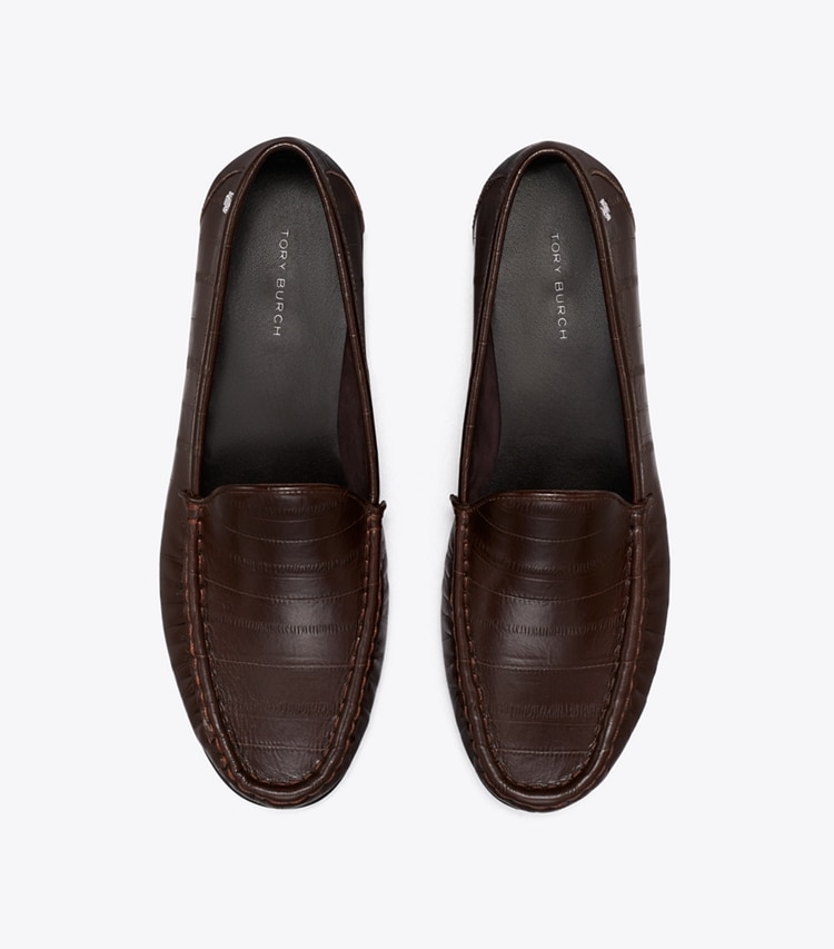 Tory Burch designer flats Classic Ruched Loafer in DARK BROWN EEL overhead