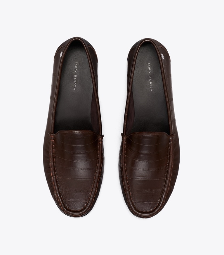 Tory Burch designer flats Classic Ruched Loafer in DARK BROWN EEL overhead