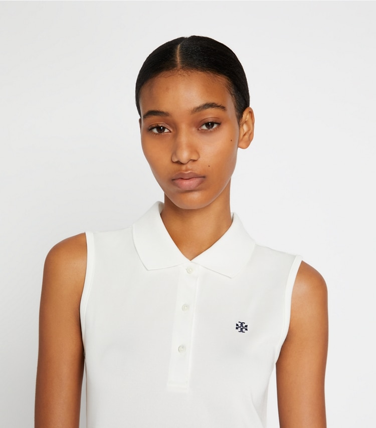 Tory Sport designer tops Classic Tech Piqué Sleeveless Polo in Snow White on model detail
