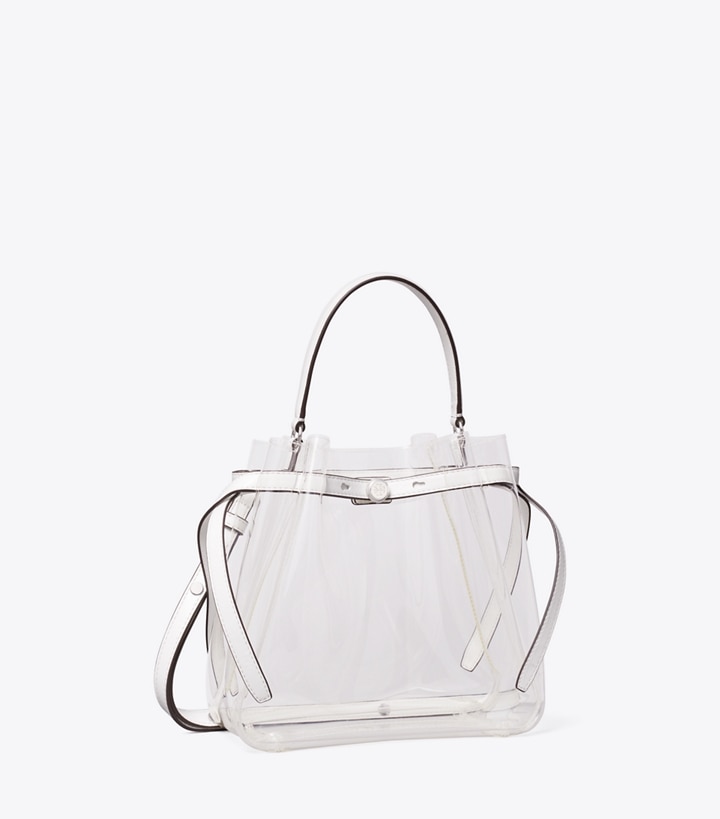 Tory Burch designer クロスボディバッグ ロミー クリア バケットバッグ in Crystal Clear angle