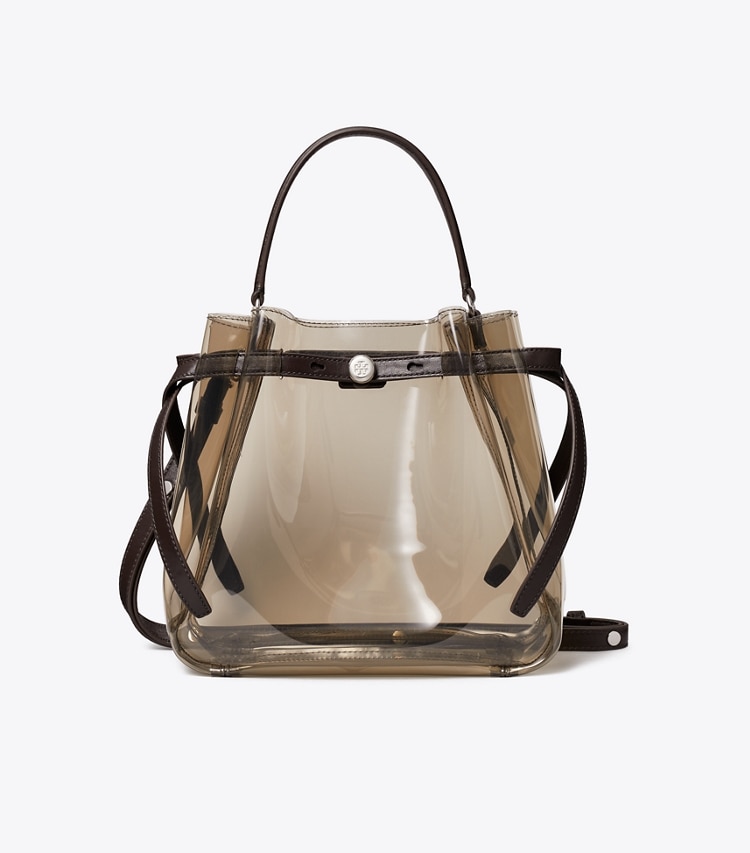 Tory Burch designer crossbody bags Clear Bucket Bag in Root Beer Float front