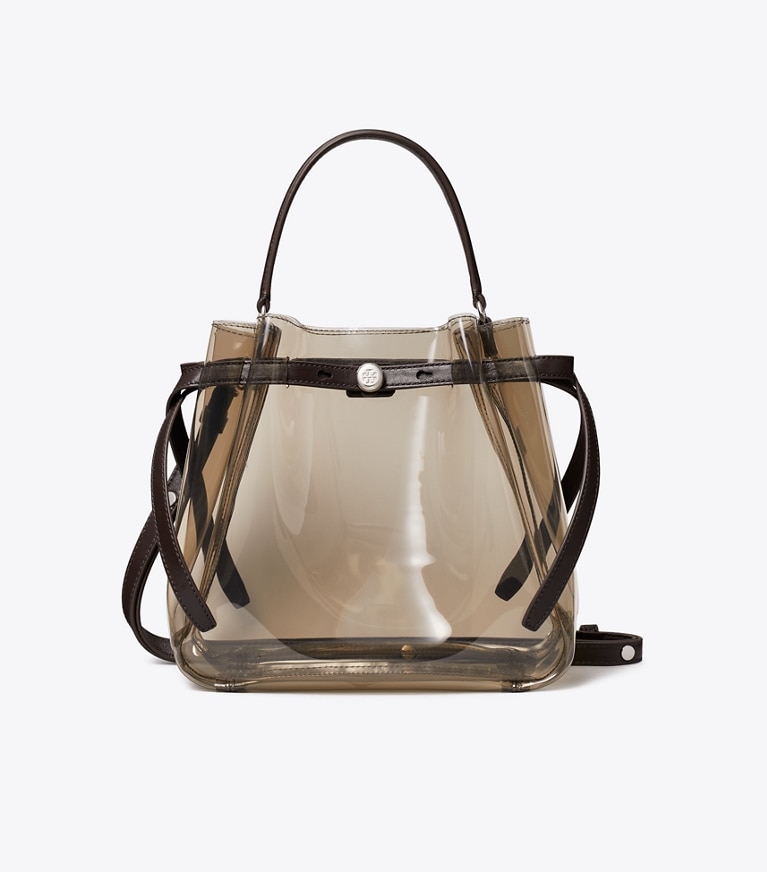 Tory Burch designer crossbody bags Clear Bucket Bag in Root Beer Float front
