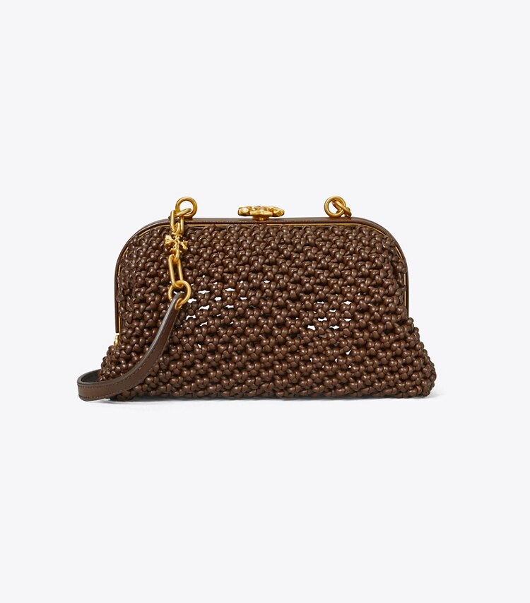 Tory Burch designer crossbody bags Cleo Macramé Woven Mini Bag in COLD BREW front