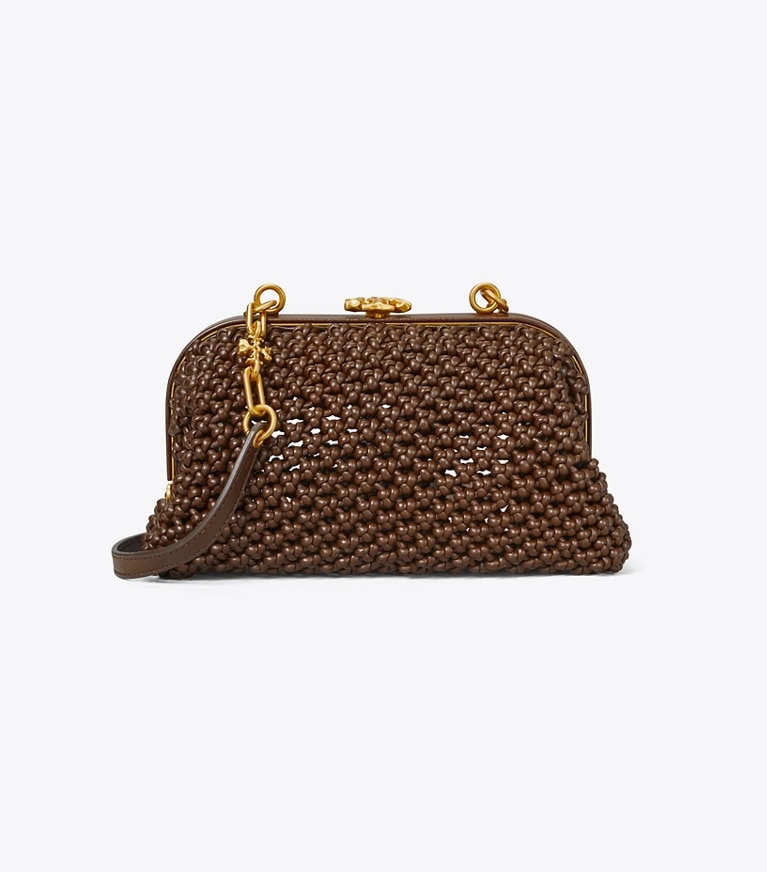 Tory Burch designer crossbody bags Cleo Macramé Woven Mini Bag in COLD BREW angle