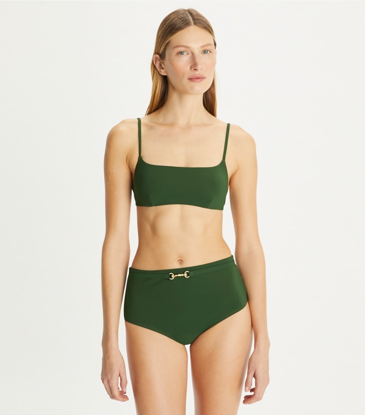 Tory Burch designer two pieces Clip Bikini Bottom in Dark Rainforest on model detail