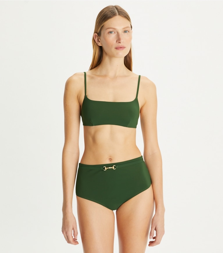 Tory Burch designer two pieces Clip Bikini Bottom in Dark Rainforest front