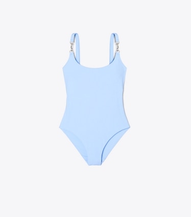 Tory Burch designer one pieces Clip Swimsuit in Washed Sky front