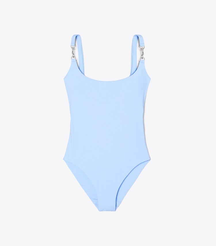 Tory Burch designer one pieces Clip Swimsuit in Washed Sky front