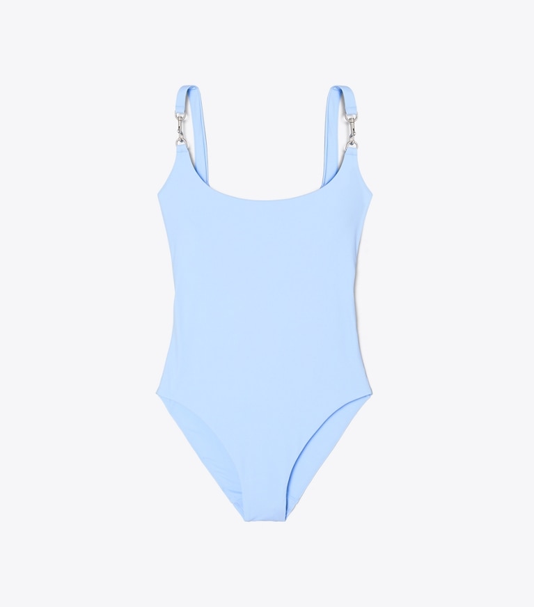 Tory Burch designer one pieces Clip Swimsuit in Washed Sky front