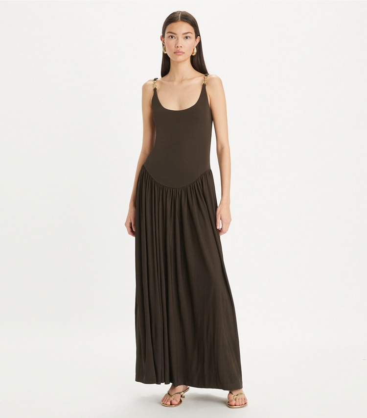 Tory Burch designer coverups Clip Tank Dress in Deep Chocolate on model front