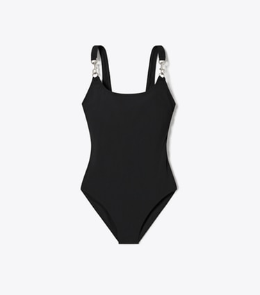 Tory Burch designer one pieces Clip Tank Swimsuit in Black / Silver front