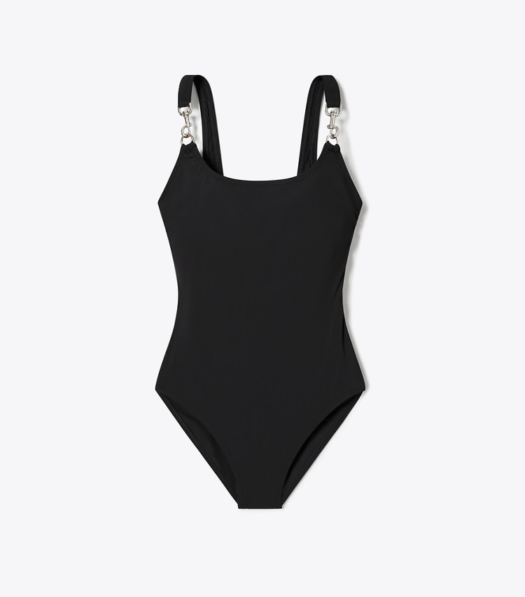 Tory Burch designer one pieces Clip Tank Swimsuit in Black / Silver front