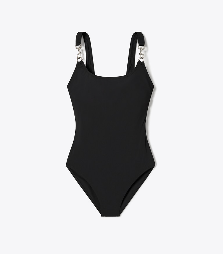 Tory Burch designer one pieces Clip Tank Swimsuit in Black / Silver front