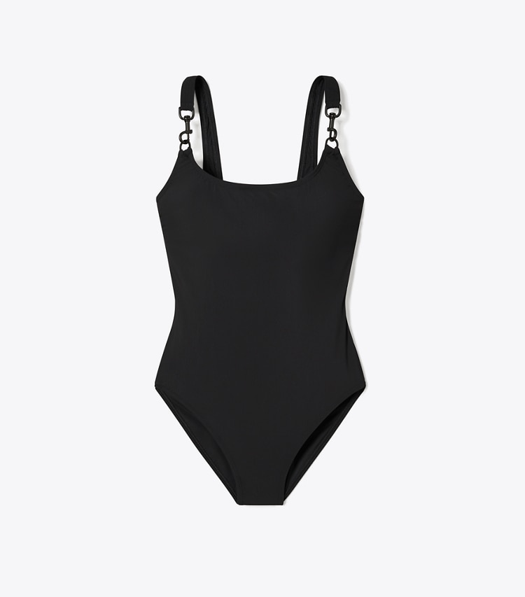 Tory Burch designer one pieces Clip Tank Swimsuit in Black / Black front