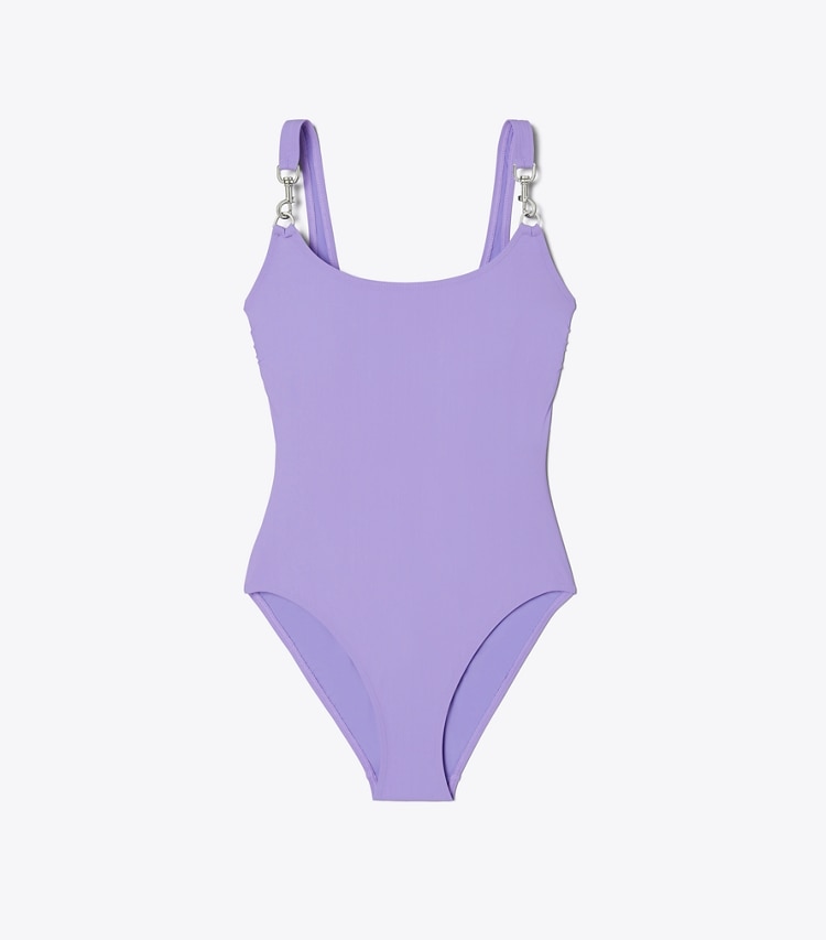Tory Burch designer one pieces Clip Tank Swimsuit in Purple Thistle front