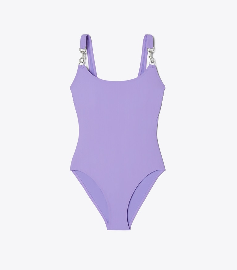 Tory Burch designer one pieces Clip Tank Swimsuit in Purple Thistle front