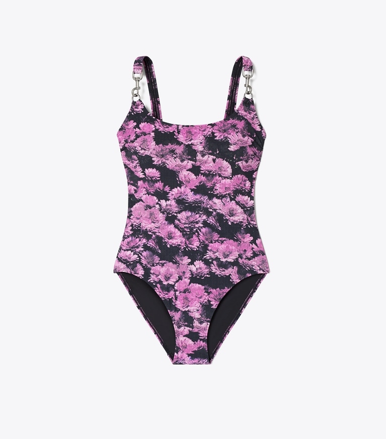 Tory Burch designer one pieces Clip Tank Swimsuit in Pink Pixel Floral front