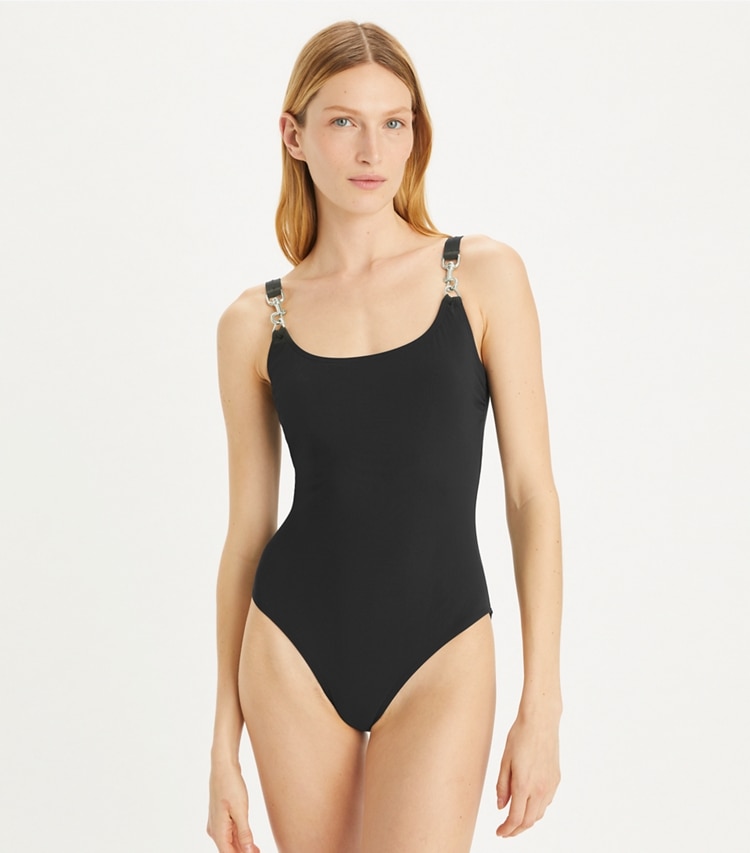 Tory Burch designer one pieces Clip Tank Swimsuit in Black / Silver on model detail